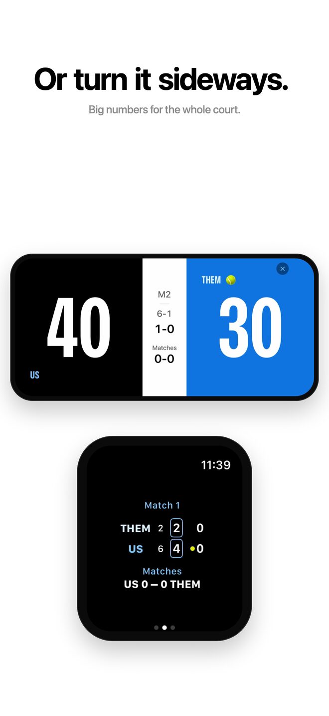 Live score on the iPhone in landscape, and the watch scoreboard